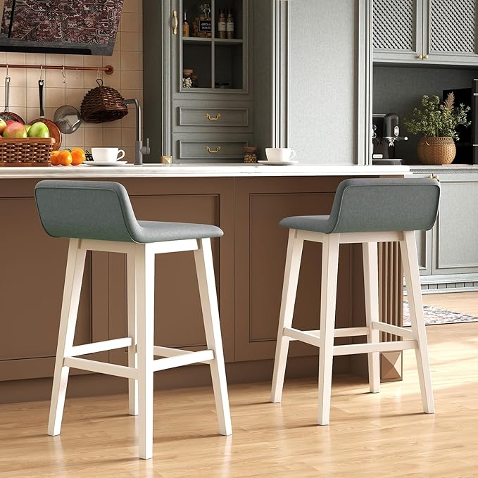 Giantex 29" Bar Stools Set of 2, Upholstered Bar Height Barstools with Low Back, Footrest, Armless Wood Bar Chairs for Kitchen Island, Dining Room, White & Gray