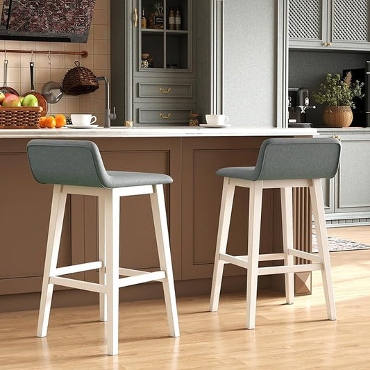 Giantex 29" Bar Stools Set of 2, Upholstered Bar Height Barstools with Low Back, Footrest, Armless Wood Bar Chairs for Kitchen Island, Dining Room, White & Gray