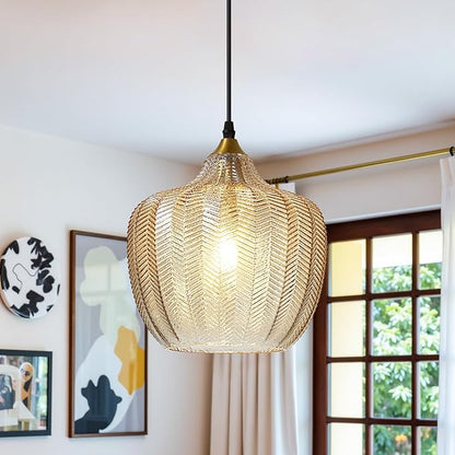 Modern Gold Pendant Light, Amber Glass Farmhouse Kitchen Island Pendant Light Fixture Adjustable Vintage Hanging Ceiling Light for Dining Room Corridor 9.45 inch 1 Pack, UL Certification