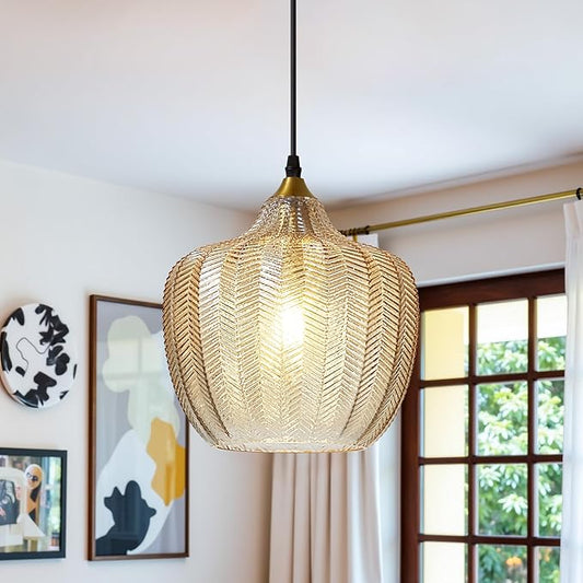 Modern Gold Pendant Light, Amber Glass Farmhouse Kitchen Island Pendant Light Fixture Adjustable Vintage Hanging Ceiling Light for Dining Room Corridor 9.45 inch 1 Pack, UL Certification