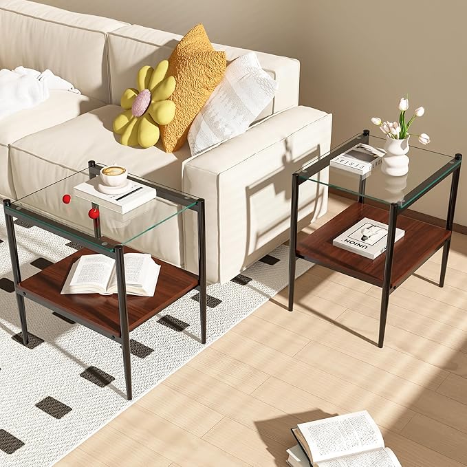 Set of 2 Glass End Table, 2-Layer Glass Living Room Table, Modern Tea Table Side Tables for Home Office Furniture