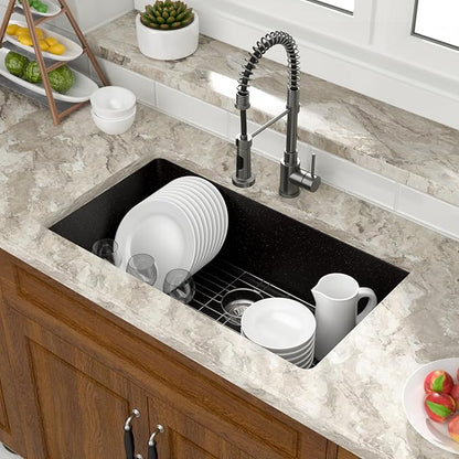 Mocoloo 33 Inch Granite Composite Kitchen Sink - 33 x 19 inch Black Undermount Kitchen Sinks, Matte Black Quartz Single Bowl Under Counter Sink