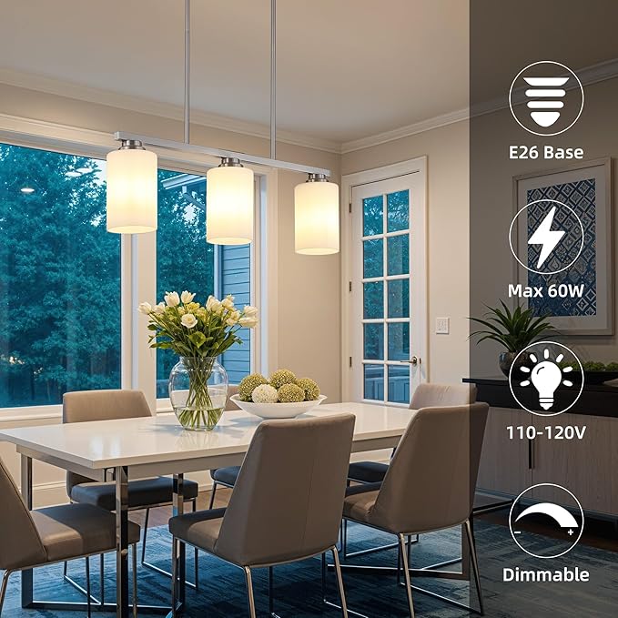 Mecgirn Island Light for Kitchen, Brushed Nickel Dining Room Light Fixture Over Table with Milk Glass Shade, 3-Light Linear Chandelier Pendant Lighting for Dining Table Kitchen Island Living Room