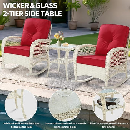 MEETWARM Wicker Outdoor Side Table, All-Weather Patio Rattan Side Table with Tempered Glass Top and Storage Shelf, Small Patio End Table for Outside Indoor Outdoor Balcony Porch Deck, Cream White