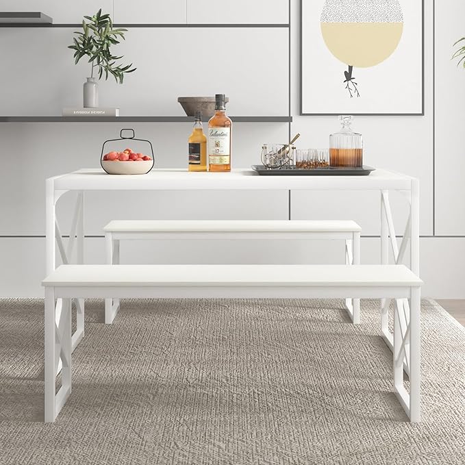 VECELO Kitchen Dining Table Benches Set for 4/6, 55" Wooden Dinette with 2 Benches, Large Embedded Desktop for Small Space, Breakfast Nook, White