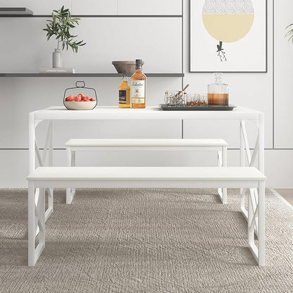 VECELO Kitchen Dining Table Benches Set for 4/6, 55" Wooden Dinette with 2 Benches, Large Embedded Desktop for Small Space, Breakfast Nook, White