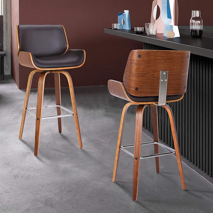 Armen Living Tyler 30" Bar Height Swivel Brown Faux Leather and Walnut Wood Bar Stool - Set of 3