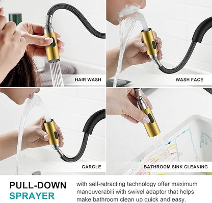 KENES Black and Gold Pull Down Bathroom Faucet 1 Hole, Single Handle Bathroom Sink Faucet with Pull Out Sprayer, Vanity Faucet with Pop Up Drain & Deck Plate, KE-9065B-BG