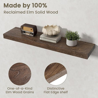 Fun Memories Solid Elm Wood Floating Shelves Set of 2-36 Inch Rustic Wall Shelves with Heavy-Duty Invisible Brackets - for Living Room, Kitchen, Bedroom, Bathroom - Walnut Finish