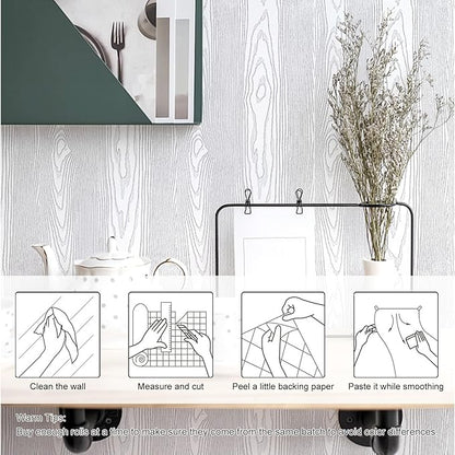 Yun-aeon White and Silver Wood Contact Paper 17.3"x80" Rustic Wooden Peel and Stick Wallpaper Removable Self-Adhesive Wallpaper Wood Grain Contact Paper for Countertops Cabinets