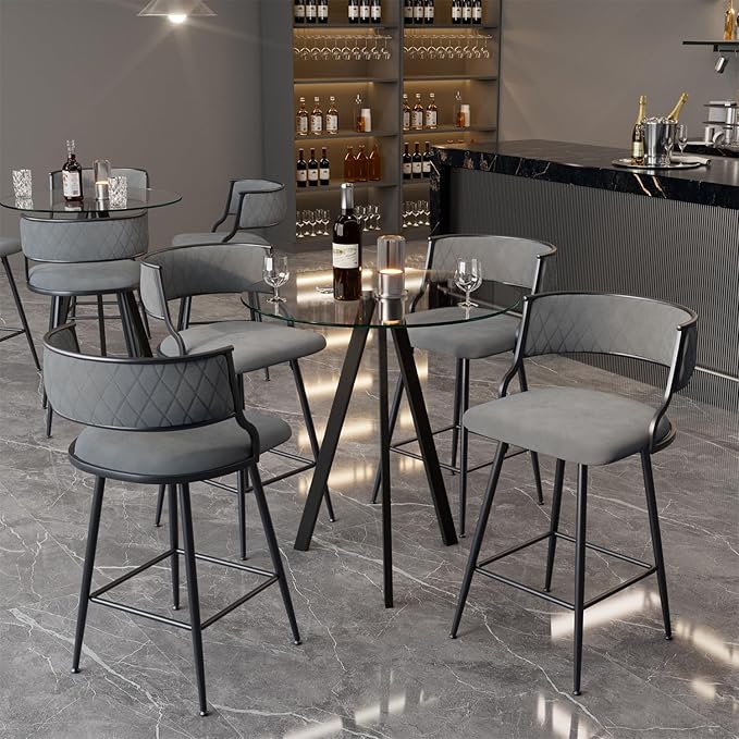 Round Bistro Table and Chairs Set for 4, Clear Small Round High Top Bar Table and 4 Faux Leather Counter Height Padded Stools for Home Bar Dinning Room Kitchen (Gray)