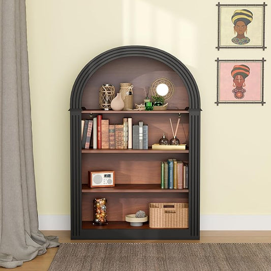 Ball & Cast 45.66" Tall Arched Storage Cabinet,Modern 4-Tier Wooden Display Cabinet with Open Shelves,Versatile Floor Bookcase Cabinet Organizer for Library,Living Room, Office, Black