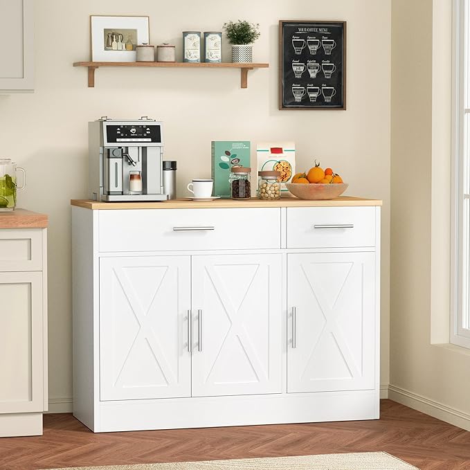 Shintenchi 3 Doors Farmhouse Sideboard Buffet Cabinet,42" Barn Doors Buffet with Storage,Wood Coffee Bar Cabinet with Adjustable Shelf for Kitchen,Living Room,White