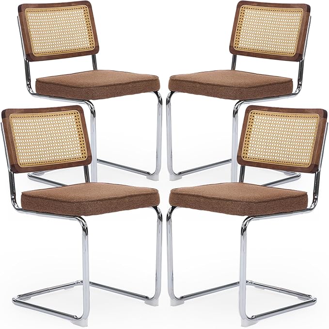 Rattan Back Linen Dining Chair Set of 4 Modern Breuer Designed Stainless Chrome Base Armless Upholstered Dining Chair for Dining Room, Kitchen Island(Coffee)