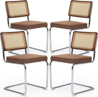 Rattan Back Linen Dining Chair Set of 4 Modern Breuer Designed Stainless Chrome Base Armless Upholstered Dining Chair for Dining Room, Kitchen Island(Coffee)