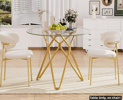 SSLine 35.4" Round Glass Dining Table for 2-4 Modern Circle Glass Tabletop Kitchen Table for 4 Luxury Dinner Tables with Gold Nest Metal Base for Home Kitchen Dining Room(Table Only)