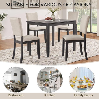 5-Piece Modern Wooden Dining Table Set for 4, Dining Table Set for 4 People with Upholstered Chairs, Square Kitchen Table and Chairs Set for Dining Room and Kitchen, Antique Black + Beige