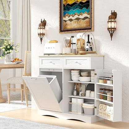 kepptory Tilt Out Trash Can Cabinet 12 Gallon, Pull Out Trash Can Storage Cabinet with 2 Drawers & Countertop, White Kitchen Cabinet with Adjustable Shelf, for Kitchen Pantry, Modern Farmhouse