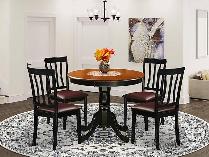 East West Furniture ANTI5-BLK-LC 5 Piece Dining Table Set for 4 Includes a Round Kitchen Table with Pedestal and 4 Faux Leather Upholstered Dinette Chairs, 36x36 Inch, Black & Cherry