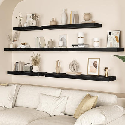 Floating Shelves Set of 2, 12 Inch Deep Floating Shelves with Heavy Duty Brackets, 20'' Rustic Black Wood Wall Mounted Shelf for Bathroom, Bedroom, Living Room & Kitchen, Modern Home Decor Storage