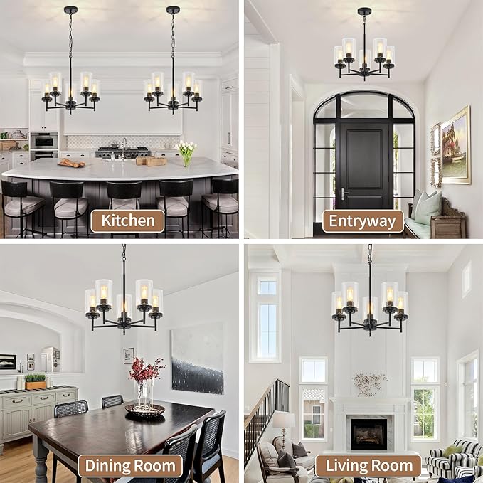 5-Light Farmhouse Glass Chandelier, Modern Black Chandelier for Dining Room Island Lights Industrial Hanging Foyer Lighting Fixtures Chandeliers for Entryway Kitchen Living Room Adjustable Height