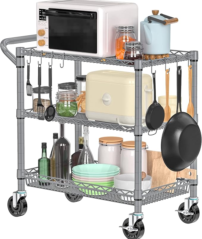 Folews Heavy Duty Rolling Cart with Wheels for Kitchen & Garage, 990LBS 3-Tier Metal Utility Cart, Adjustable Shelves & Basket, Lockable Casters, Commercial Storage Trolley, Gray