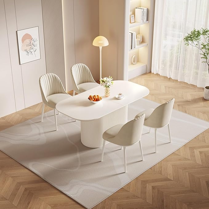70" Oval Dining Table Set for 4, Modern Dining Room Table with 4 Chairs for Kitchen, Living Room, Bar, 5 Piece Kitchen Tables Set, Cream White Oval Dinner Tables with Stable Pedestal