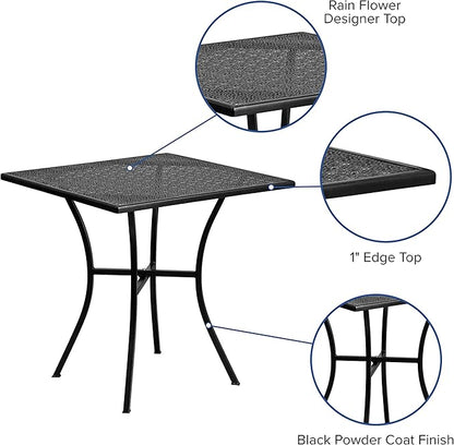 Flash Furniture Oia 28" Commercial Grade Steel Patio Table, Modern Square Rain Flower Design Outdoor Dining Table, Black