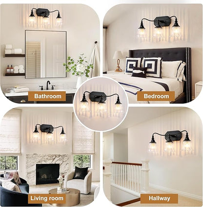 LmnLvn Bathroom Vanity Black Vintage Light Fixture, 3 Lights Bathroom Lighting Matte Antique Brass Finish with Crystal Glass Shade, Black Vintage Vanity Light for Bathrooms