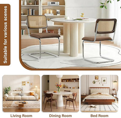 Linen Dining Chair Set of 6 Arched Rattan Square Back Stainless Chrome Base Upholstered Side Chair for Dining Room, Kitchen Island,Coffee