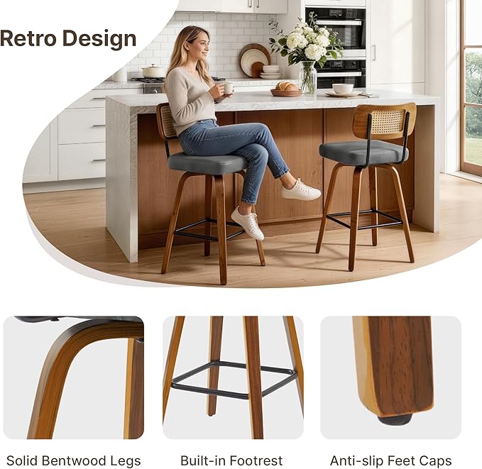 Swivel Bar Stools Set of 3, 26" Upholstered Counter Height Bar Stools with Rattan Back and Bent Walnut Wood Legs, Faux Leather Modern Barstools for Kitchen Island,Rattan Gray