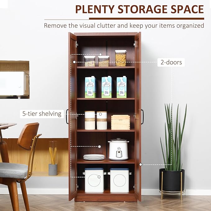 63" Kitchen Pantry, Freestanding Storage Cabinet with 5-Tier Shelving and 2 Adjustable Shelves, 2-Door, Brown, Easy to Maintain, for Dining Room