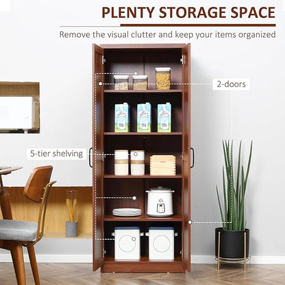 63" Kitchen Pantry, Freestanding Storage Cabinet with 5-Tier Shelving and 2 Adjustable Shelves, 2-Door, Brown, Easy to Maintain, for Dining Room