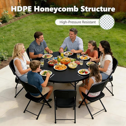 60" Folding Round Table, Plastic Dinner Table, Portable Folding Banquet Table for Living Room, Party or Outdoor Event, Black