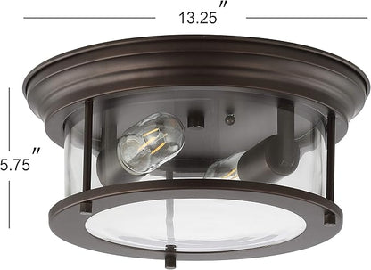 JONATHAN Y 13.25" Oil Rubbed Bronze/Clear 2-Light LED Flush Mount Ceiling Light Fixture, Modern Clear Glass Drum Shade, Industrial Farmhouse Lighting for Kitchen Hallway Bedroom (JYL7446B)