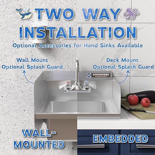 DuraSteel Stainless Steel Sink - NSF Commercial Wall Mount Kitchen Sink - Small Hand Sink with 12" x 10" x 5.5"D Wash Basin - With Sink Strainer and Faucet - For Laundry, Restaurants, Bars, and More