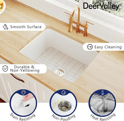 DeerValley Farmhouse Kitchen Sink 24 inch, White Fireclay Undermount Farm Sinks, Single Bowl Deep Drop-in Undermount Sink with Grid & Basket Strainer, Easy to Clean