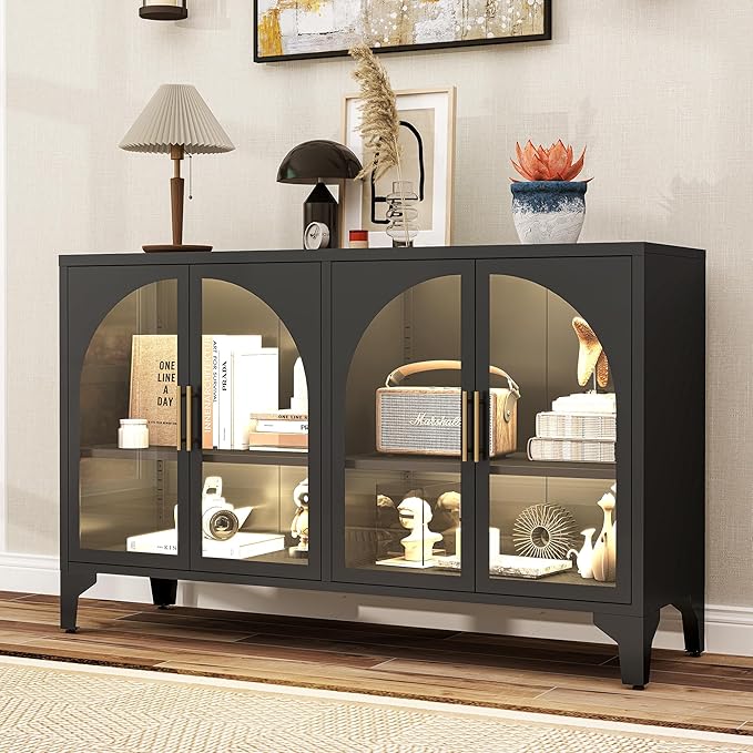 Foreate Arched Sideboard Buffet Cabinet with Storage & LED Light, 53.2" Large Buffet Cabinet with 4 Glass Door & Adjustable Shelf, Modern Farmhouse Sideboard Credenzas Metal Kitchen Buffets, Black