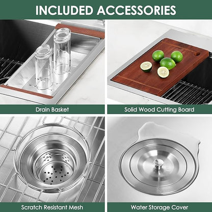 30 Inch Stainless Steel Kitchen Sink 16 Gauge Drop In Single Bowl Workstation Sink 2-Hole Top Mount Kitchen Basin with 5 Accessories (Brushed Nickel)