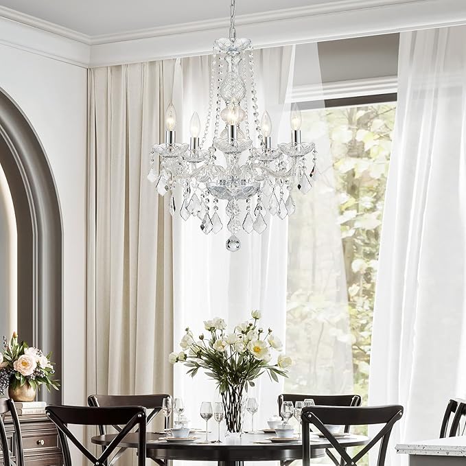 WUZUPS 5-Light Crystal Candle Chandelier Pendant Ceiling Light Modern Lighting Fixture for Bedroom Hallway Bar Kitchen Bathroom, H 25" W 20", E12 Base, Chrome