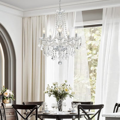 WUZUPS 5-Light Crystal Candle Chandelier Pendant Ceiling Light Modern Lighting Fixture for Bedroom Hallway Bar Kitchen Bathroom, H 25" W 20", E12 Base, Chrome
