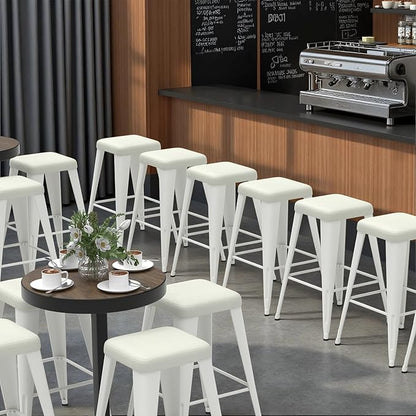 Backless Bar Stools Set of 2, Upholstered Faux Leather Counter Height Stools with Sturdy Metal Legs, 26 Inch Barstools for Kitchen Island (White)