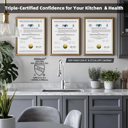 Hibbent Pull Down Kitchen Faucet Head Replacement, NSF/ANSI/CAN 61 & CUPC Certified 3-Function Sink Spray Nozzle with 15 Adapters Compatible with Moen, Delta, Kohler Faucets, Chrome