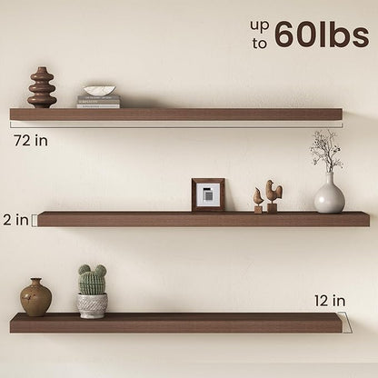 Fun Memories 72 Inch Floating Shelves, 12 Inch Deep Wall Shelf for Fireplace Mantel, Deep Storage Shelves for Home & Office, Long Floating Shelf with Invisible Bracket, Walnut, Set of 2