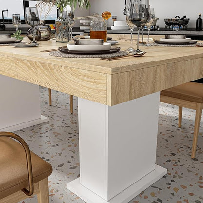 Hitow Dining Table for 6-8, 79-Inch Rectangular Wood Kitchen Table with Thicken Tabletop and Pedestal Base, Modern Office Conference Room Table, Dining Room Living Room Table, Oak&White