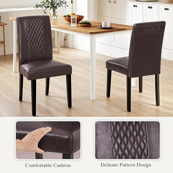 VECELO Dining Chairs Set of 4, Upholstered PU Leather Wood Legs High Back for Kitchen Living Room, Coffee