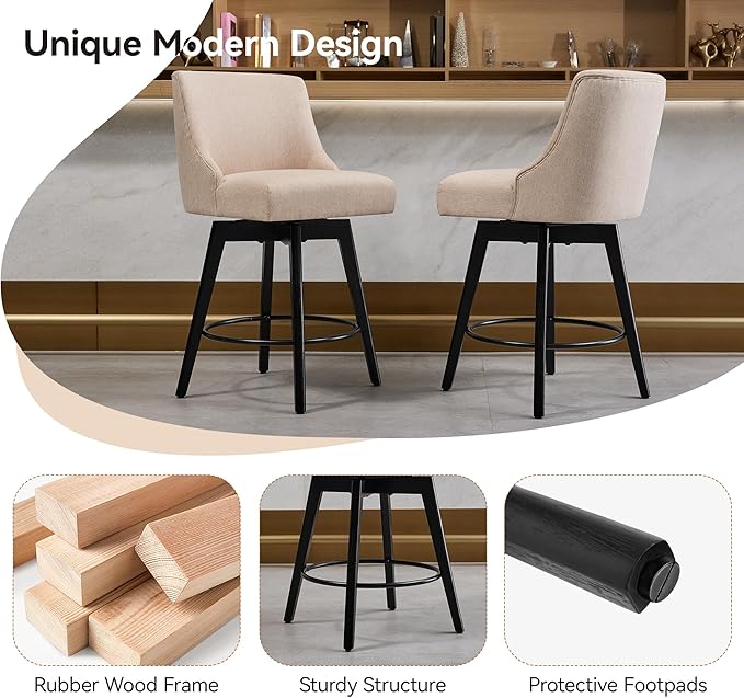 Counter Height Bar Stools Set of 6,Swivel Barstools with Backs and Wood Legs,Linen Fabric Upholstered Counter Stools for Kitchend Island,Mid-Century Modern 26"Seat Height Bar Chairs,Flax Beige