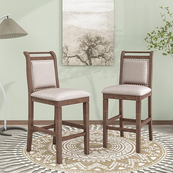 RUNNA Farmhouse 3-Piece Counter Height Dining Table Set with 2 Upholstered Chairs and Extendable Drop Leaf,Wood Kitchen Table for Small Place Use (Brown#A)