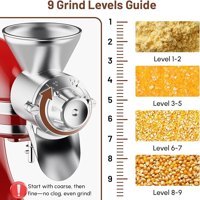 HOZODO Grain Mill Attachment for KitchenAid Stand Mixer, All Metal 9 Levels Flour Mill for KitchenAid, Suitable for Fully Dried Low-Moisture, Low-Oil Grains, Grain Corn, Millet, Wheat