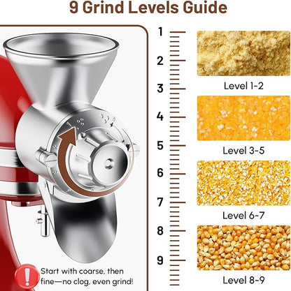 HOZODO Grain Mill Attachment for KitchenAid Stand Mixer, All Metal 9 Levels Flour Mill for KitchenAid, Suitable for Fully Dried Low-Moisture, Low-Oil Grains, Grain Corn, Millet, Wheat